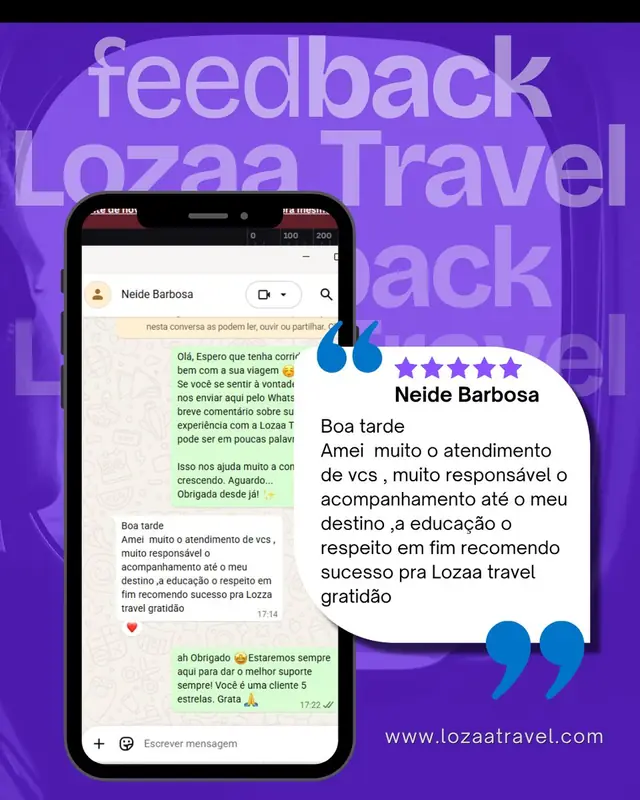 Mensagem de agradecimento de Neide Barbosa, cliente da Lozaa Travel