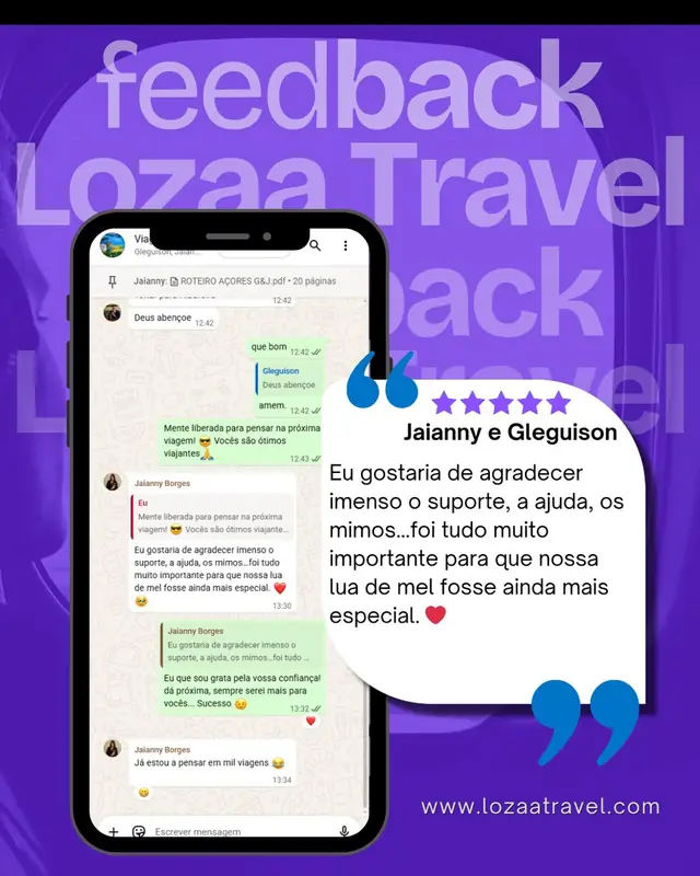 Mensagem de agradecimento de Jaianny e Gleguison, cliente da Lozaa Travel