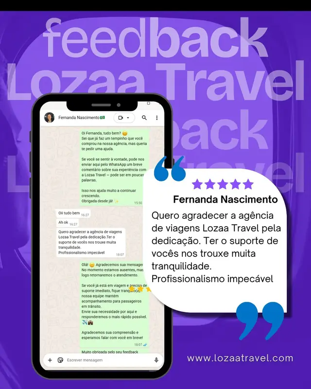 Mensagem de agradecimento de Fernanda Nascimento, cliente da Lozaa Travel